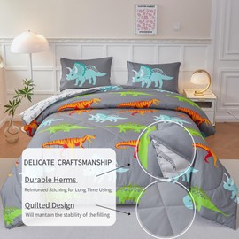 RYNGHIPY Dinosaur Kids Comforter Set Cartoon Dinosaur Bedding Sets for Boys 3 Pieces Full Microfiber Comforter with Pillowcases Soft Lightweight (Dark Grey,Full)
