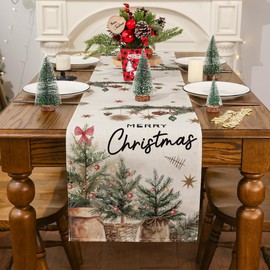 Christmas Table Runner, Xmas Trees Merry Christmas Runner for Table Holly Pine Cone Seasonal Winter New Year Holiday Home Party Decor Festival Decorations 13x48 Inch