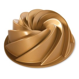 Nordic Ware Heritage Bundt Pan Gold 10 Cup Capacity With Cleaning Tool + Grips Pot Holder and Recipe Card