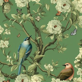 VEELIKE Green Floral Peel and Stick Wallpaper Vintage Branches Birds Wallpaper for Bathroom Bedroom 17.7''x354'' Renter Friendly Removable Chinoiserie Wall Mural Green Contact Paper for Cabinets