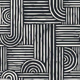 Livelynine 17.5x276" Mid Century Modern Wallpaper Geometric Black and White Peel and Stick Wall Paper with Designs Abstract Accent Wall Covering Aesthetic Bedroom Bathroom Line Contact Paper for Walls