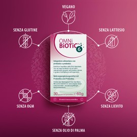 OMNi BiOTiC 6 | Polvere | Integratore alimentare con probiotici e prebiotici | Con 6 Ceppi Probiotici Altamente Attivi | Favorisce l’equilibrio della flora intestinale | VEGANO | Senza OGM | 60 g