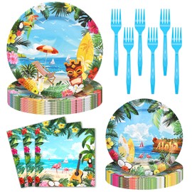 96 Pieces Hawaiian Aloha Plates and Napkins Tableware Set - Tropical Luau Beach Theme Disposable Dinnerware with Paper Plates Napkins and Forks for Summer Party Supplies, Hawaii Party Decor, Serve 24