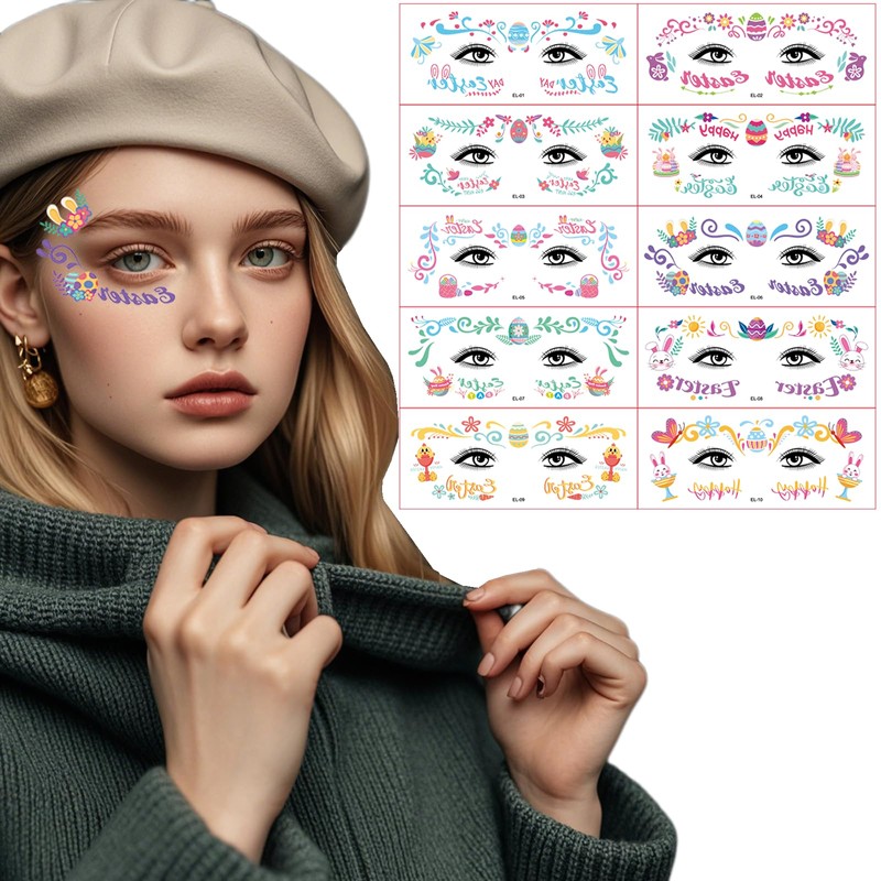 CAMOSE Easter Face Tattoos For Kids Aldult,10 Styles Face Bunny