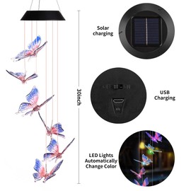 DOUBLEZHE Blue Butterfly Wind Chime Light Solar Powered Waterproof LED Wind Chime Color Changing for Outdoor Patio Garden Home