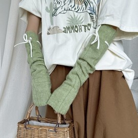 Imported Ribbon Knit Arm Warmers: Autumn/Winter School & Vintage Style (Smoky Green, Dark Blue, Light Blue) Khaki 10ea