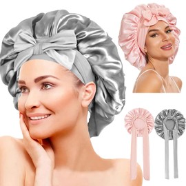 Gorro para Dormir,Gorro de Seda para Dormir Ajustable 2 Piezas,Gorro De Dormir Suave Satinado Reutilizable y Cómodo con Banda Elástica Ancha,Gorro De Seda para El Cuidado del Cabello Rizado (Polvo + plata)