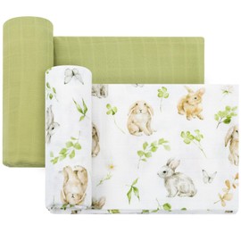 LifeTree Baby Swaddle Blankets, Boys Girls Muslin Swaddling Wrap Receiving Blanket for Newborn, 70% Viscose from Bamboo and 30% Cotton, Large 47" x 47", Rabbit and Grass Green Pattern