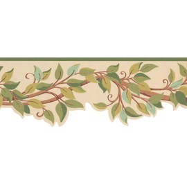 CONCORD WALLCOVERINGS ™ Wallpaper Border Floral Pattern Leaves Tree Brunches, Die Cut Edge for Bedroom Living Room, Beige Brown Green, 15 Feet by 7 Inches BN1969B