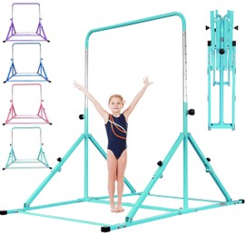 MARFULA Foldable Gymnastic Bar for Kids Ages 3-12, 9 Height Levels, 200 lbs Weight Capacity, 5 Ft Length Gymnastic Kip Bar with Mat, Gymnastic Equipment for Home and Gym Center Indoor Outdoor Use