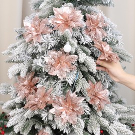 CCINEE 12pcs Christmas Glitter Poinsettia Flowers Rose Gold Artificial Xmas Flowers with Clips and Stems for Christmas Tree Ornaments Home Decoration