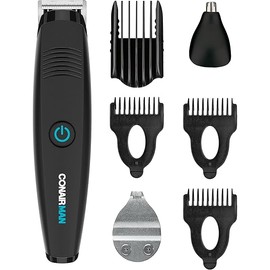ConairMAN All-in-One Beard Trimmer for Men, for Face, Nose and Ear Hair Trimmer, Perfect for Travel, 7 piece Men's Grooming Kit, Lithium Battery-Powered