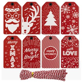 Red Xmas Gift Tags, 80pcs 8 Design Kraft Paper Christmas Labels with 80pcs Cotton String for Christmas Birthday Gift or Christmas Tree Decoration
