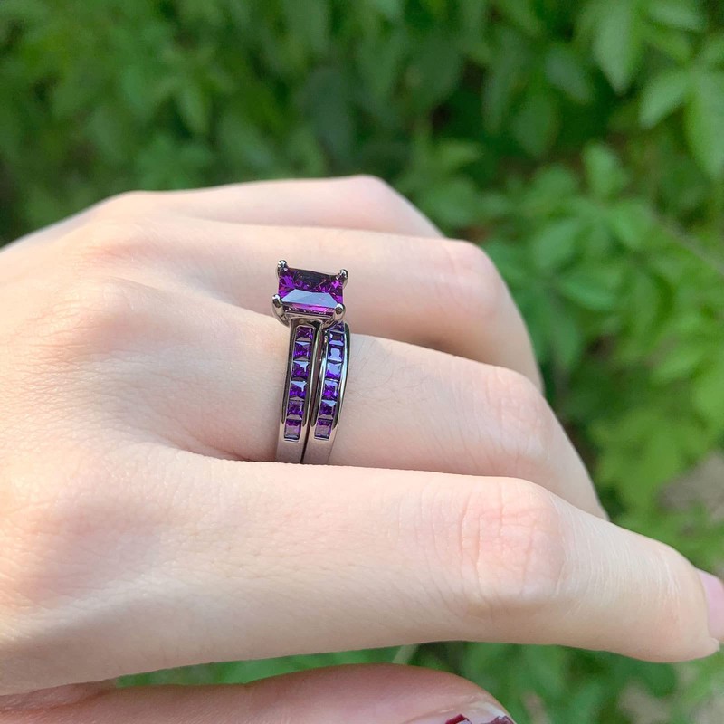 SHELOVES Black Gold Plated Purple Amethyst Princess CZ Womens Wedding