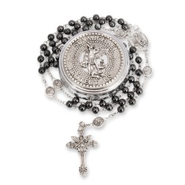 Nazareth Store St Michael Rosary Hematite Stone Beads Necklace Metal Beaded Glory Beads Archangel Medal & Cross with Metal Gift Box (Silver | St.Michael Cross)