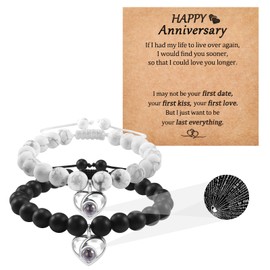 CheersLife 2pcs Matching Heart Projection Stone Couple Bracelets for Men Women I Love You in 100 Languages Lover Bracelets Valentine's Day Gifts for Husband Wife, Stainless Steel, Bead