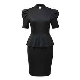 FAD-4U Church Clergy Dresses for Women Minister Short Sleeve Ruffle Slim Pencil Dress with Tab Collar Black