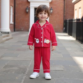 MAHUAOYIXI Toddler Boys Girls Christmas Pajamas Outfits Long Sleeve Lapel V Neck Santa Claus Embroidery Shirts Tops with Elastic Waist Pants Sets 2Pcs Sleepwear Loungewear (Red, 18-24 Months)