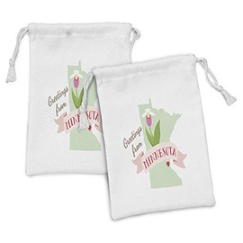 Ambesonne Minnesota Fabric Pouch Set of 2, Greetings from Minnesota Lettering with Endemic Flower of Showy Lady's Slippers, Small Drawstring Bag for Toiletries Masks and Favors, 9" x 6", Multicolor