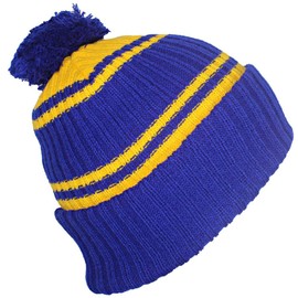 Best Winter Hats Quality Striped Beanie with Solid Cuff & Matching Pom - Royal Blue/Gold
