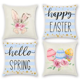 Happy Easter Rabbit Pillow Covers 18x18, Easter Egg Throw Pillows Case Hello Spring Pillow Case Festival Throw Cushion Cover Decorative Blue Spring Cushion Covers,4 Pack