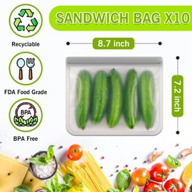 ANZNKU 10 Pack Reusable Sandwich Bags, Reusable Food Storage Bags, Dishwasher Safe Silicone Bags Reusable Storage, BPA Free PEVA Reusable Freezer Bags, Leak-proof Reusable Lunch Bag for Kitchen