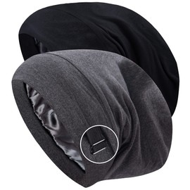 ingeware Silky Bonnet for Sleeping, Extra Large Satin Silky Hair Wrap for Sleeping Satin Lined Hair Bonnet Sleep Cap Slouchy Beanie for Curly Hair Protection for Women Men (Black and Dark Grey)