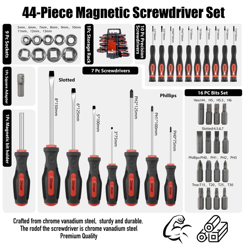 Screwdriver Set, 44 Pieces Magnetic Screwdriver Set Including Slotted, Phillips,
