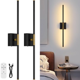 JZEKVN Battery Operated Wall Sconce with Remote Control, 3000K-6000K Black and Gold Wall Lights Set of Two, Timable LED Wireless Wall Lamp, 350° Ratate for Bathroom, Living Room, Hallway 29.1 Inch