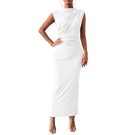 BTFBM Women's Ruched Bodycon Dress Summer Casual Sleeveless Back Slit Elegant Club Evening Party Cocktail Maxi Dresses(White, Medium)