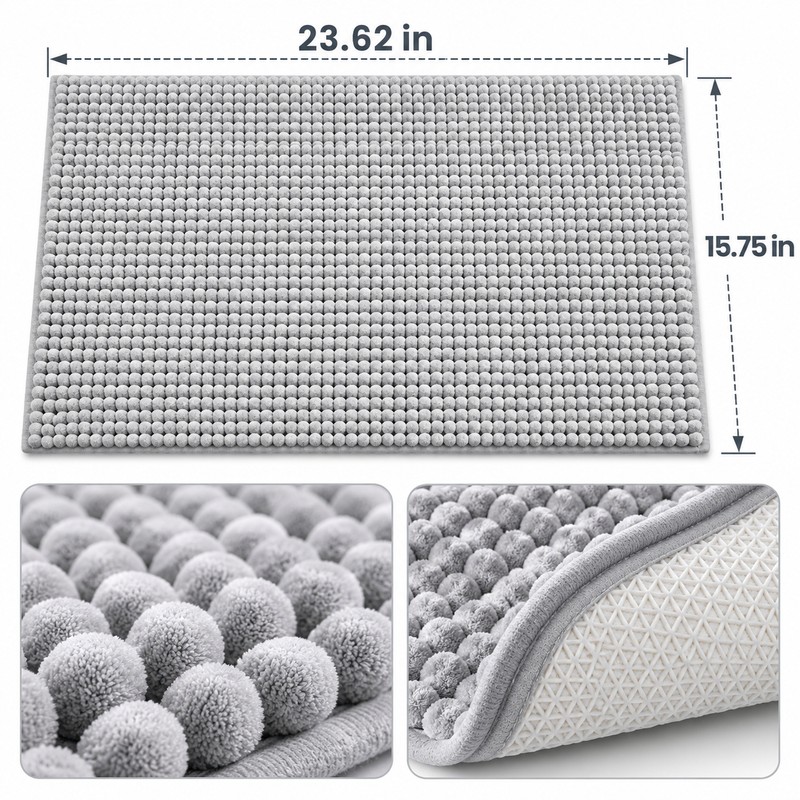Grey Chenille Bath Mat Water Absorbent Non-Slip Rug – Soft