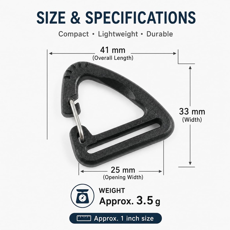 20Pcs Plastic Carabiner Clips, 1 Inch, Black Triangle Snap Hooks