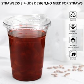 100 Sets 16 Oz Plastic Cups with Lids, Iced Coffee Cups with Lids, Strawless Sip-Lids Design, No Need for Straws, Durable PET Plastic Cups with Lids, Iced Coffee Cups with Lids, Plastic Cups with Lids