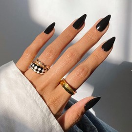 Black Press on Nails Almond Shaped Fake Nails for Women, Medium Almond Nails Press on Acrylic Nails Glue on False Nails Gel Artificial Nails 24PCS