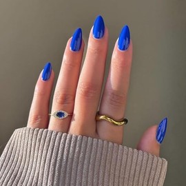 Kqueenest Uñas Postizas Cortas De Almendra Azul Real, 30 Uñas Postizas Gruesas Cortas, Uñas Acrílicas De Color Sólido, Uñas Cortas De Almendra Natural