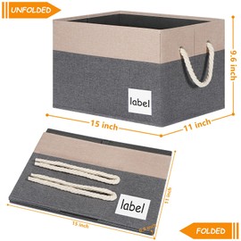 ASXSONN Storage Bins (6 Pack), Closet Storage Bins with Label & Cotton Rope Handles, Large Storage Baskets for Shelves, Storage Baskets for Organizing Nursery, Home, 15"x11"x9.6", Grey&Beige