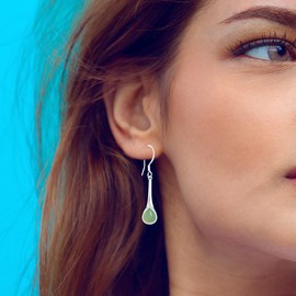 Natural Oval Stone Drop Earrings,925 Sterling Silver Linear Real Crystal Quartz Gemstone Dangle Earrings,Handmade Eternity Love Symbol Statement Dangling Earrings for Women (D02_Dongling Jade)