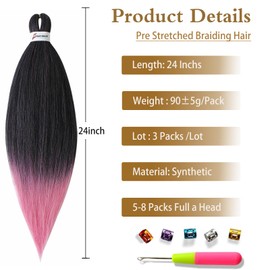 Ombre Braiding Hair Pre Stretched Braids Hair Extensions Yaki Texture For Synthetic Hair Professional Easy Crochet Braid Hair for Box Braids (1B/Pink, 24Inch (Pack of 3))