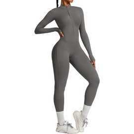 SEAUR Yoga Jumpsuit Women's Long Sports Jumpsuit Bodycon Bodysuit 1/2 Zip Tight One-Piece Romper for Gym Fitness Jogging S-XL, gray, L