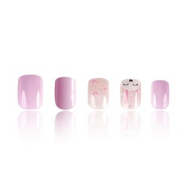 Easter Press on Nails Short Square Fake Nails Pink Full Cover White Bunny False Nails with Designs Glossy Glue on Nails Cute Acrylic Nails Manicure Artificial Nails for Women Girls 24Pcs