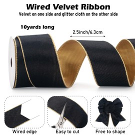 2.5 inch Wide Black Wired Velvet Ribbon for Christmas Tree 10 Yards, Vintage Velvet Ribbon with Gold Edge Wired Ribbon for Gift Wrapping, Wreaths, Crafts, Topper Bow, Wedding Decoration, Garland