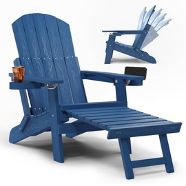 YEFU Folding Adirondack Chair Adjustable Backrest Adirondack Chairs, Adirondack Retractable Ottoman, Weather Resistant with 2 Cup-Holder for Outdoor, Fire Pit, Patio, Garden, Lawn, 380lbs(Navy Blue)