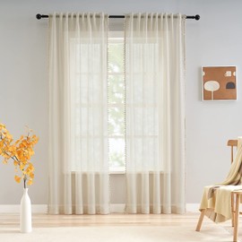 Sheer Linen-Look Curtains for Bedroom 90 Inch Drop Pencil Pleat Light Filtering Pom Pom Tassel Voile Window Curtain 2 Panels Super Soft Slub Textured Natural Draperies for Living Room, 52"wide