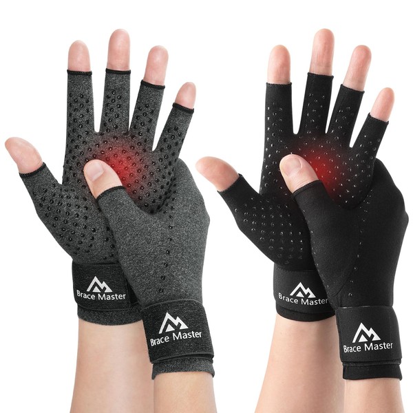 Brace Master 2 Pairs Arthritis Compression Gloves for Women Men Rheumatoid Osteoarthritis Pain Carpal Tunnel Anti Slip Gloves Glue Dots Work Gloves S, Black + Grey