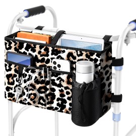 Rhino Valley Walker Bag, Multi Pockets Folding Walker Basket Tote Bag with Cup Holder,Hand-free Carry Pouch Storage Bag for Universal Walkers,Large Capacity Organizer for Seniors Elderly,Brown Leopard