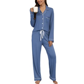 Samring Womens Pajama Set Long Sleeve Button Down Sleepwear 2 Piece Pyjamas Soft Cozy Nightwear Pjs Lounge Sets Blue XXL