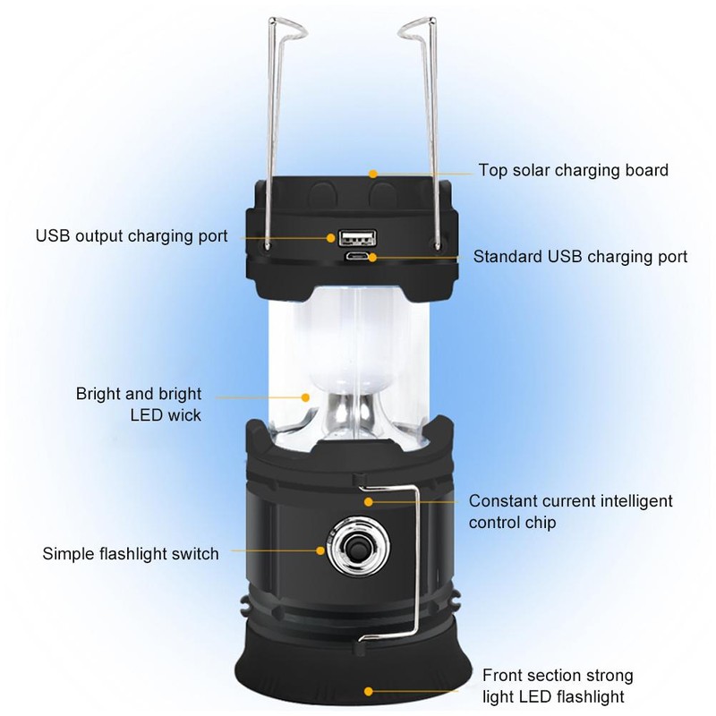 LED Camping Lantern USB or Solar Powered Rechargeable Emergency Lights
