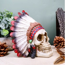 Tribal Hunter Chieftain Mohawk Indian Warrior Skull With Roach Skeleton Figurine