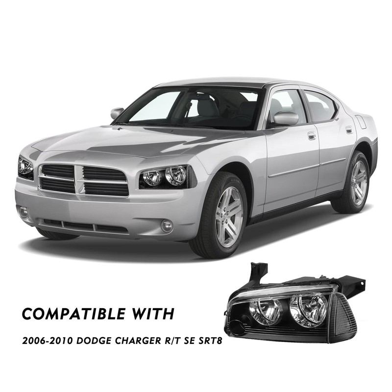 TUSDAR Halogen Headlight Assembly Set Replacement for 2006-2010 Dodge Charger