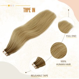 Blonde Tape in Hair Extensions Human Hair, 16" Highlights Brown Rooted Extensions, Balayage Color 18 Fading to 22 and 60, Straight Real Hair for White Women